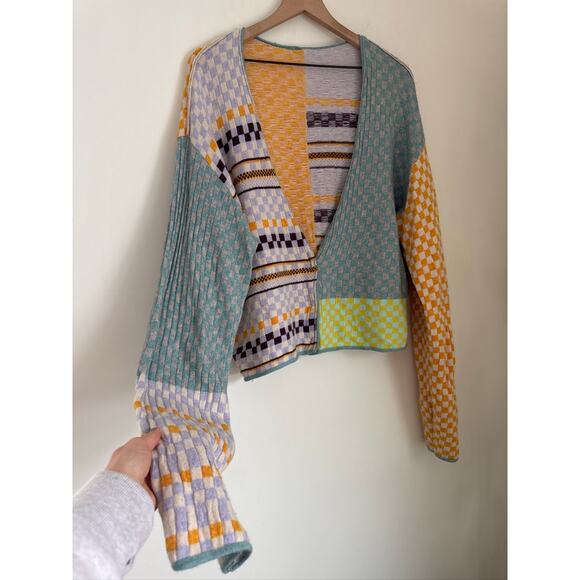 Free People Ready Set Go Printed Cardigan Multicolor Checkered Knit Sweater XL - Picture 3 of 6